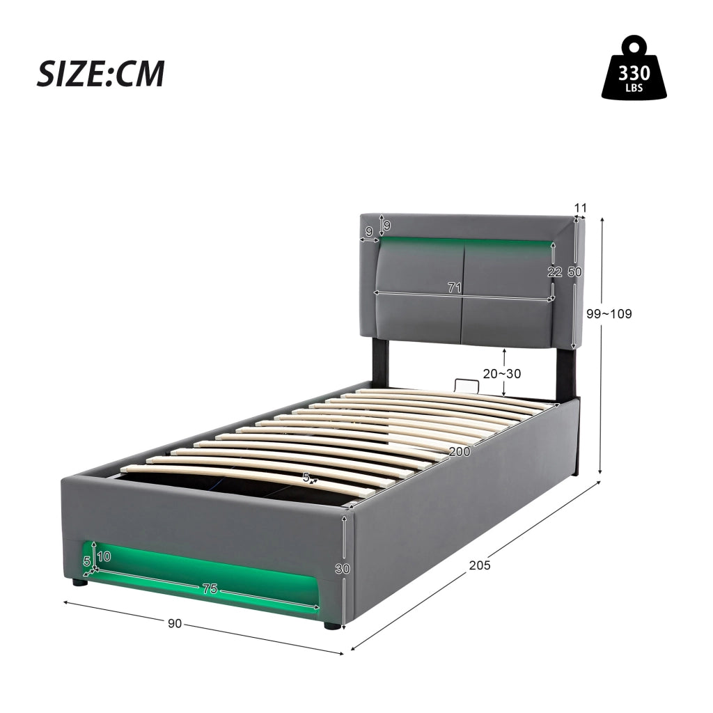 Letti contenitori 90x200 cm; USB; LED e contenitore; PU; grigio (Senza materasso)