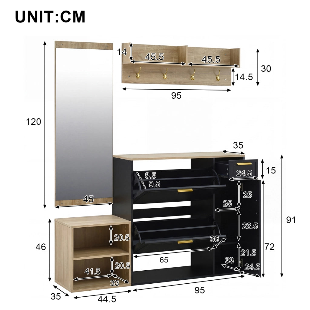 Set ingresso 4 pezzi con scarpiera, panca, appendiabiti da parete e specchio, design salvaspazio in colore Naturale + Nero