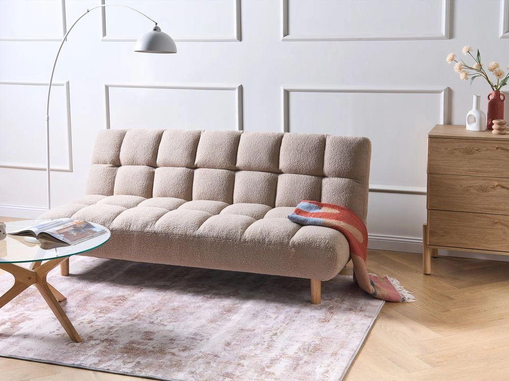 Divano letto beige Rivestimento bouclé Gambe in legno 2 posti Schienale trapuntato Seduta trapuntata Design moderno Senza braccioli
