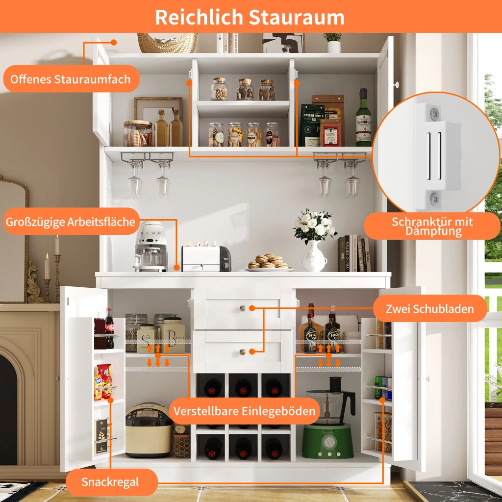 Credenza da Cucina Alta con 4 Ante; 2 Cassetti; Ripiani Regolabili e Portabottiglie; in MDF; 120x40x188 cm; Bianco