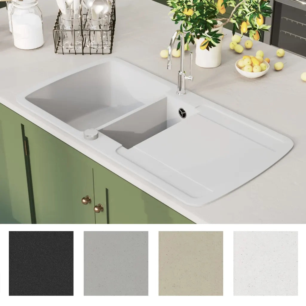 Lavello da Cucina in Granito Vasca Doppia-Lavandino-Lavabo Bianco 839290