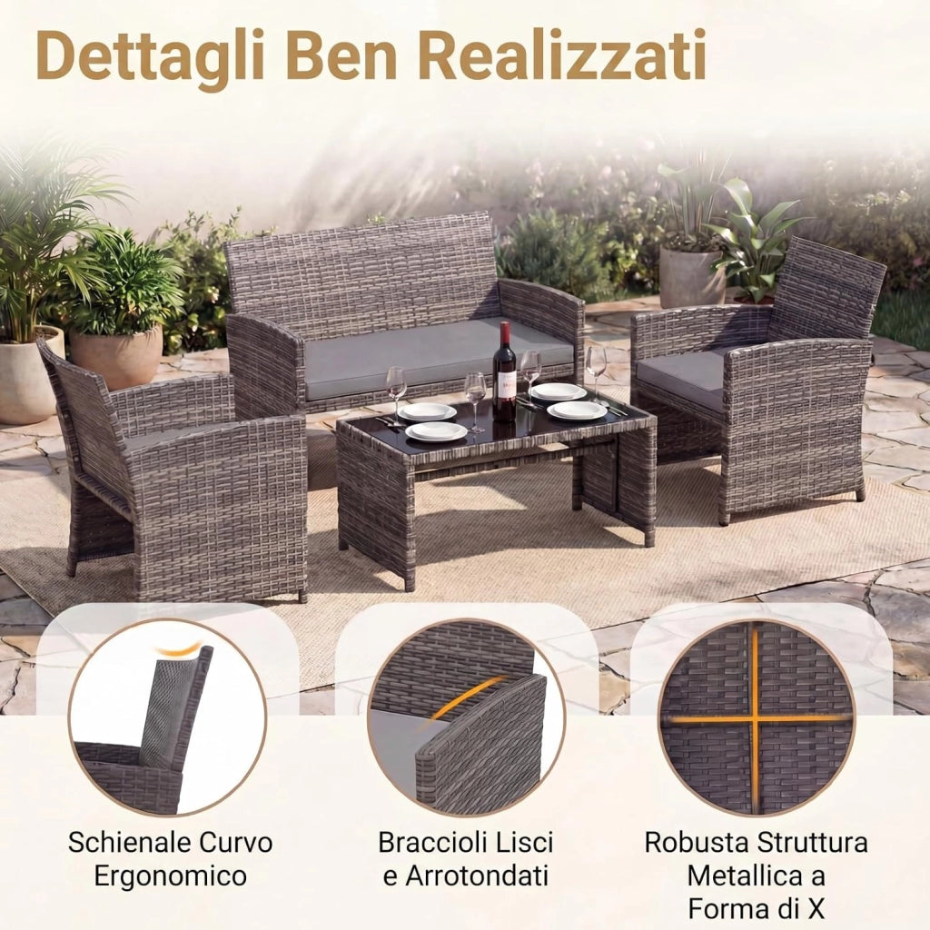 Set Mobili da Giardino in Rattan PE, Divano a 2 Posti e 2 Poltrone con Cuscini Comfort, Tavolino con Piano in Vetro, Arredo da Esterno per 4 Persone per Patio, Balcone, Cortile (Grigio+Grigio)