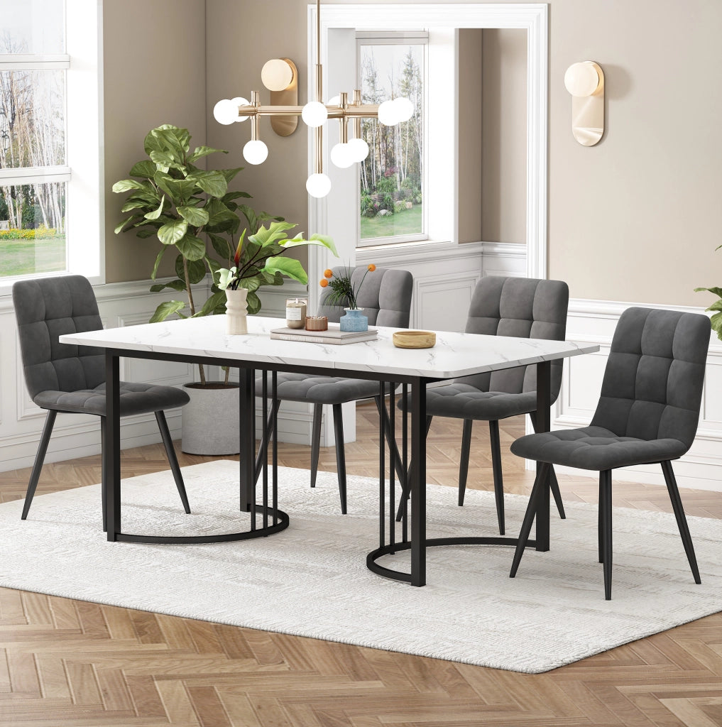 Set tavolo e 4 sedie 140x80 cm in MDF bianco e metallo nero, 5 pezzi