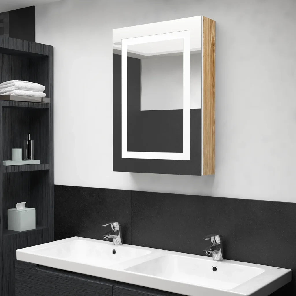 Armadietto Bagno con Specchio e LED Bianco e Rovere 50x13x70 cm 326493