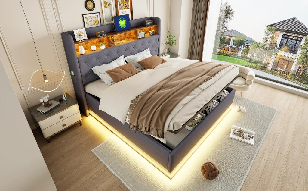 DESMIU Letto contenitore 180 × 200 cm 2 posti con LED, USB e contenitore idraulico, senza materasso, grigio