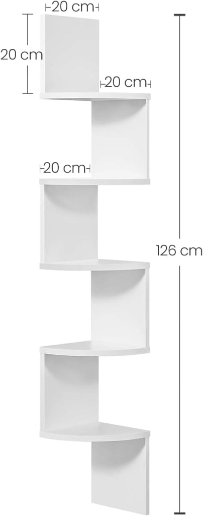 Libreria Angolare, Mensola Angolare da Muro, Scaffale da Parete a 5 Ripiani, 126 x 20 cm, in Camera da Letto Soggiorno Bagno Studio, Porta Piante, Bianco Nuvola LBC20WT