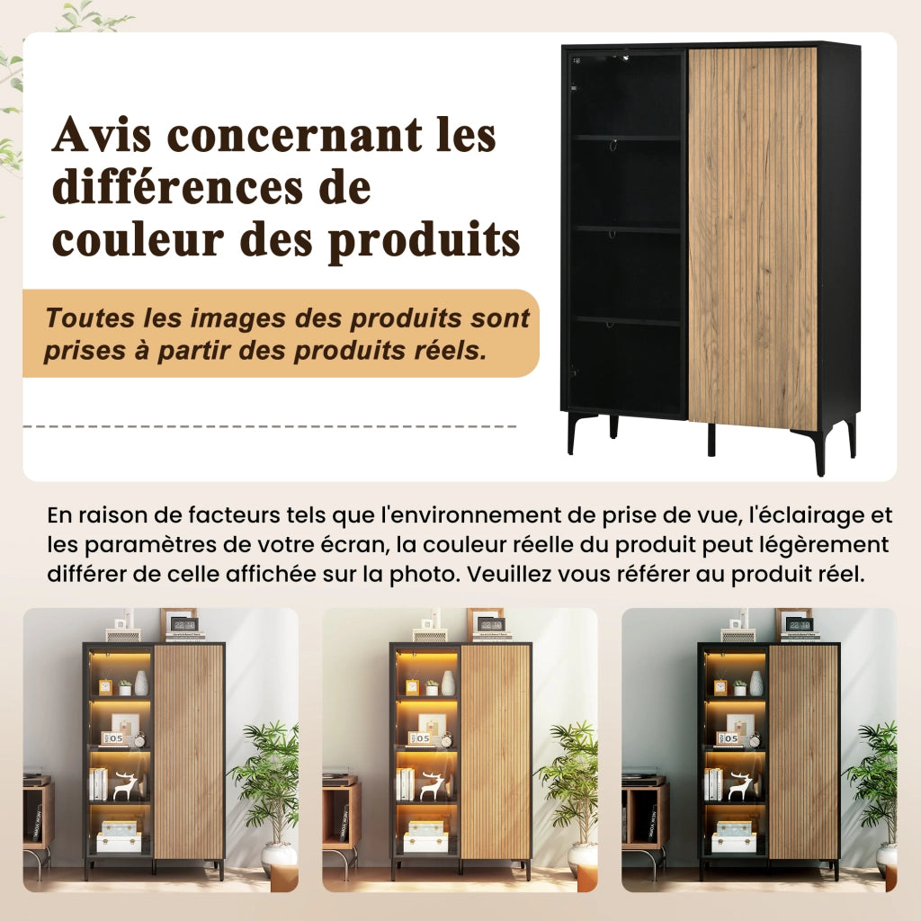 Vetrina alta con LED RGB e 2 ante; 90x40x135 cm; MDF nero e color legno