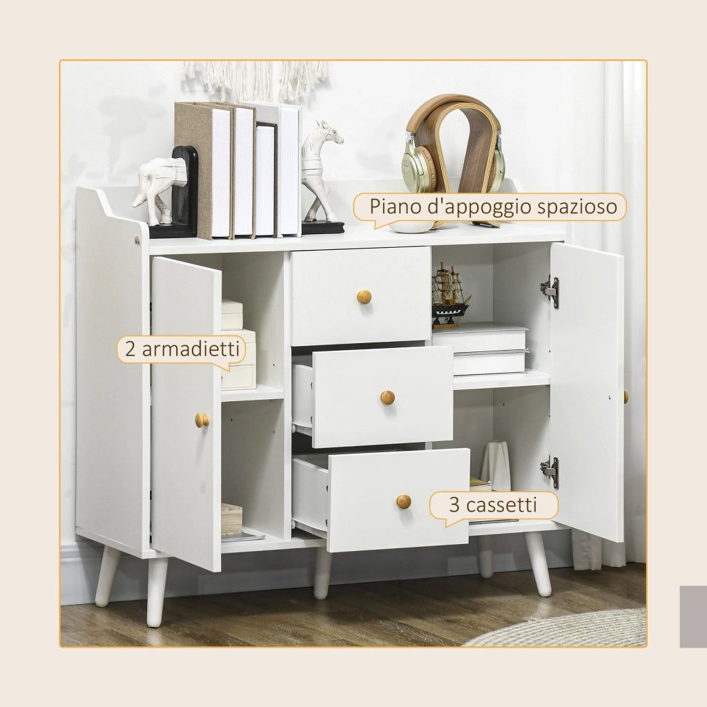 Credenza Moderna Mobile Basso 90x32x80 cm con 3 Cassetti e 2 Armadietti in Truciolato e Legno Bianco
