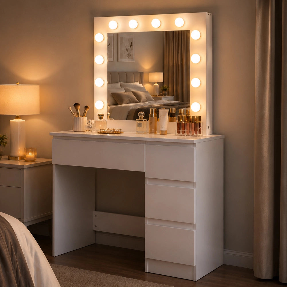 Toeletta Trucco 94x43x140 cm Postazione Makeup 12 Luci LED e Cassetti Bianco