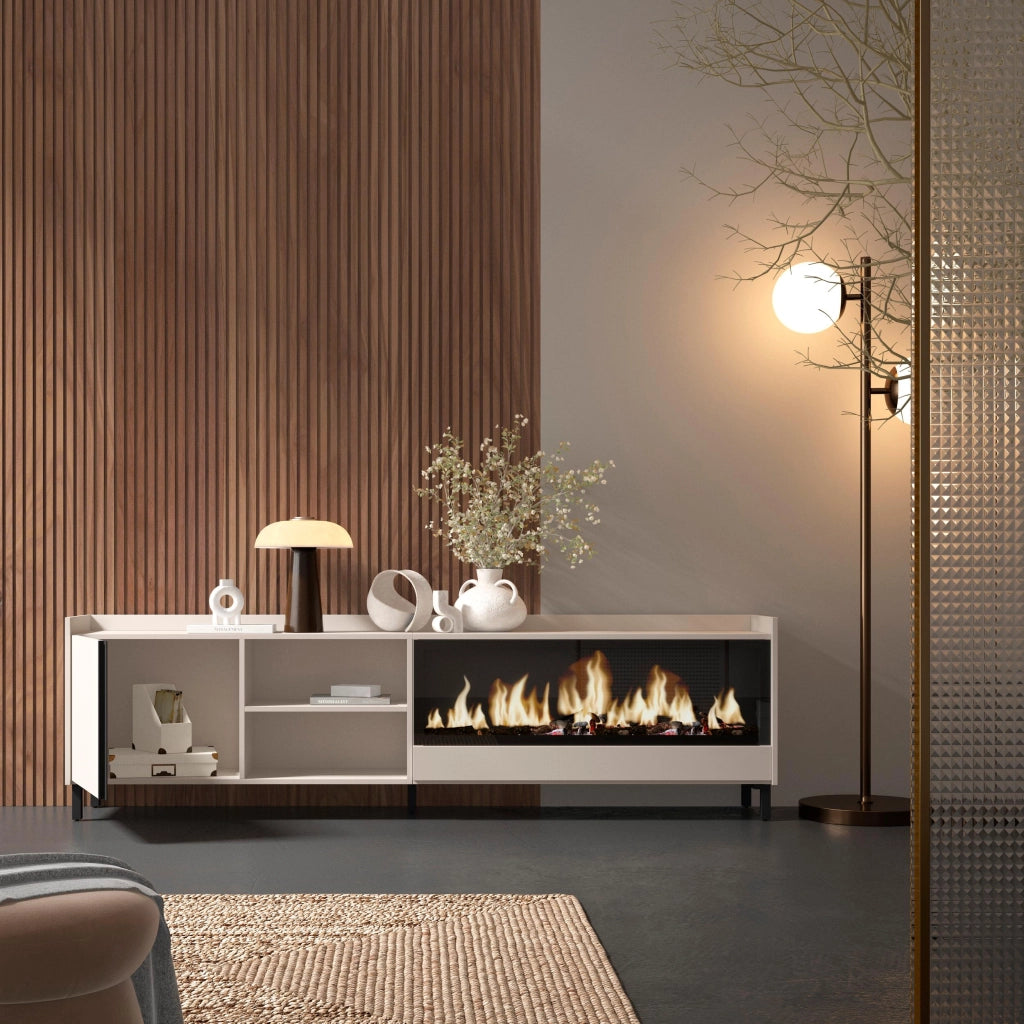 Mobile TV Soggiorno, 212x61x35 cm, Per TV fino a 80", Camino elettrico XXL, Design industriale, Beige