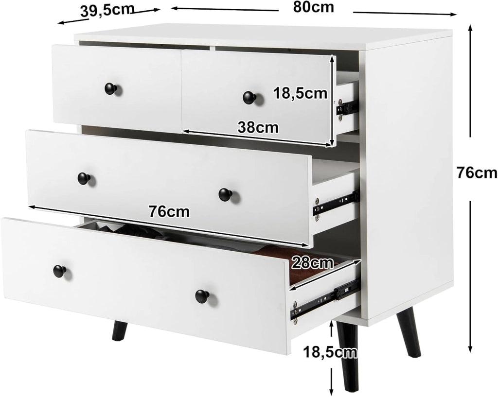 Cassettiera a 4 Cassetti, Cassettiera Moderna in Legno, per Soggiorno, Camera da Letto e Ingresso, 80 x 39,5 x 76 cm