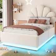 Letto imbottito 90x200 cm con contenitore idraulico e LED in velluto beige