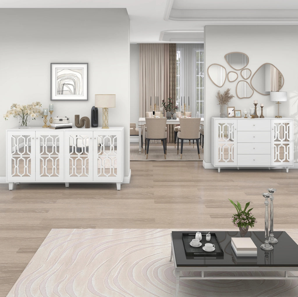 Credenza 147,5 x 40 x 102 cm bianca – frontale a specchio, 4 cassetti