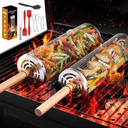 Griglia in acciaio inossidabile con maniglia in legno per grigliare all'aperto - pesce, gamberi, carne, verdure (2 pezzi)