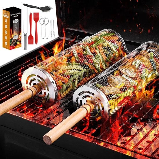 Griglia in acciaio inossidabile con maniglia in legno per grigliare all'aperto - pesce, gamberi, carne, verdure (2 pezzi)