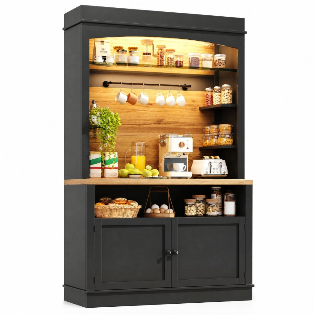 Credenza alta da cucina 107x43x184 cm in MDF nero con LED USB