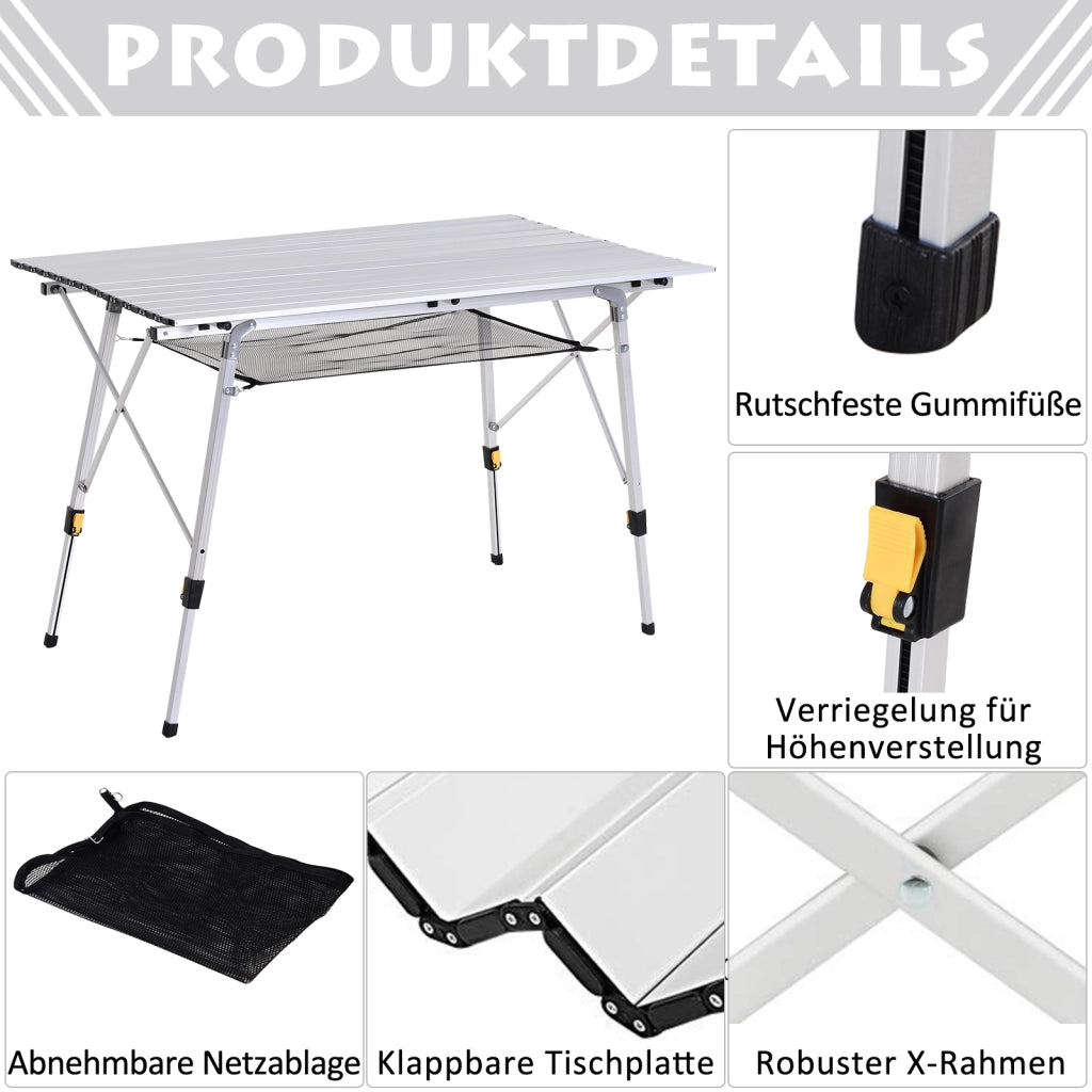 Tavolo da Picnic Pieghevole Regolabile ¨C Zephmum ¨C Alluminio Argento 120x69x59-78 cm