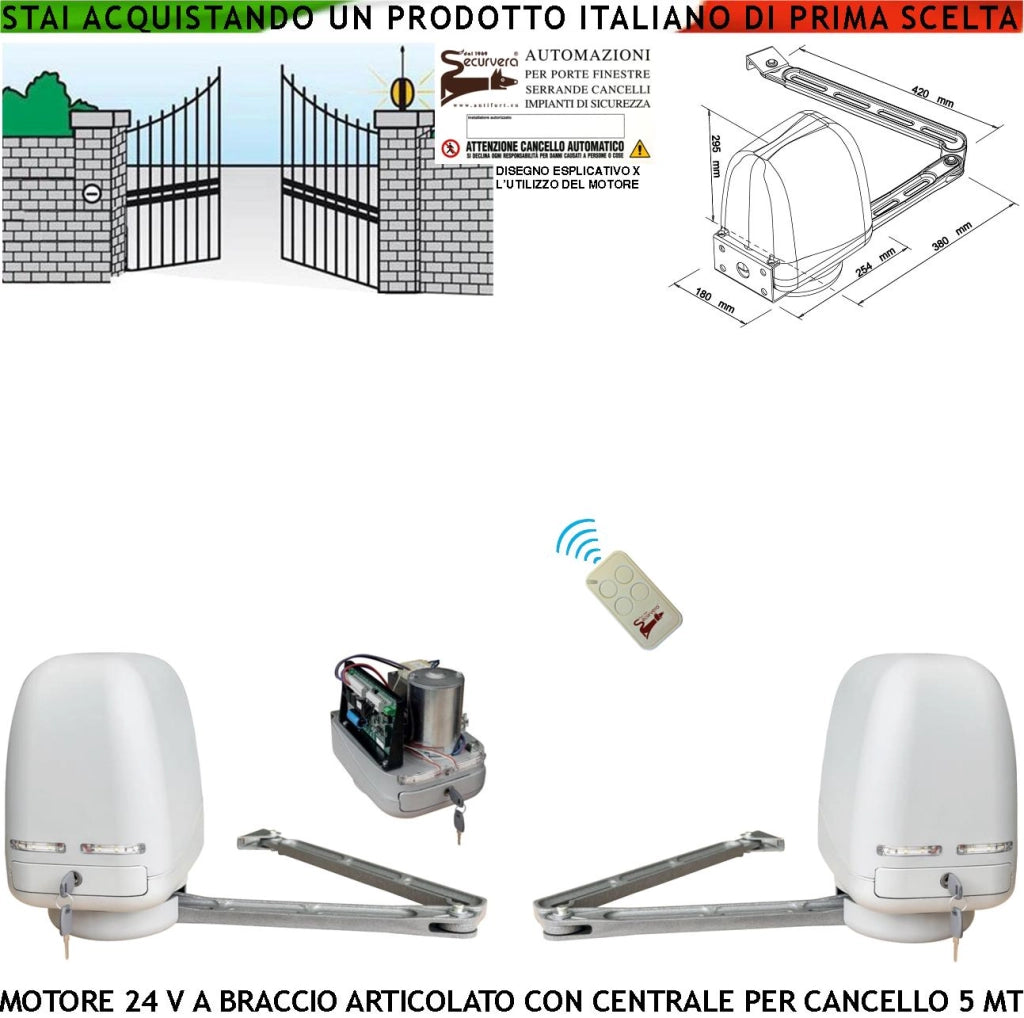 AUTOMATISMO CANCELLO ELETTRICO 5 MT MOTORI BRACCIO ARTICOLATO CENTRALE 220/24 V 2 ANTE DA 0,5 A 2,5 MT RADIOCOMANDO RICAMBIO UNIVERSALE