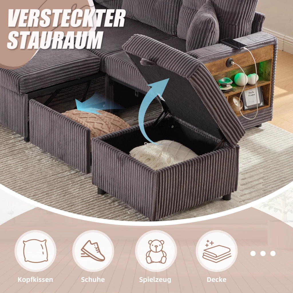 DIVANO letto estraibile 196 cm grigio scuro in corduroy con USB-C e LED