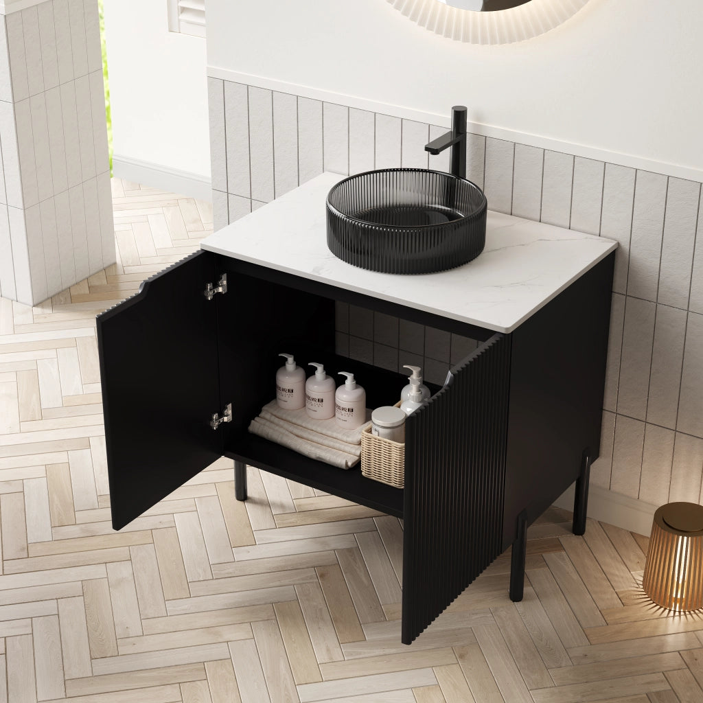 Mobile sottolavabo con lavabo rotondo in vetro nero, piano in pietra sinterizzata, 2 ante, per bagno, 76 × 48 × 87 cm