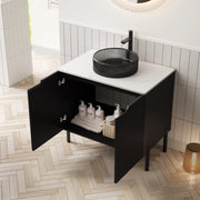 Mobile sottolavabo con lavabo rotondo in vetro nero, piano in pietra sinterizzata, 2 ante, per bagno, 76 × 48 × 87 cm