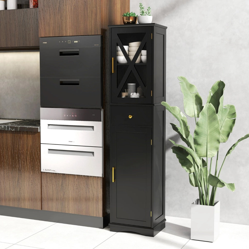 Armadio da bagno alto con cassetto per soggiorno e ufficio, Armadietto stretto in legno per cucina Nero-Armadietti da bagno