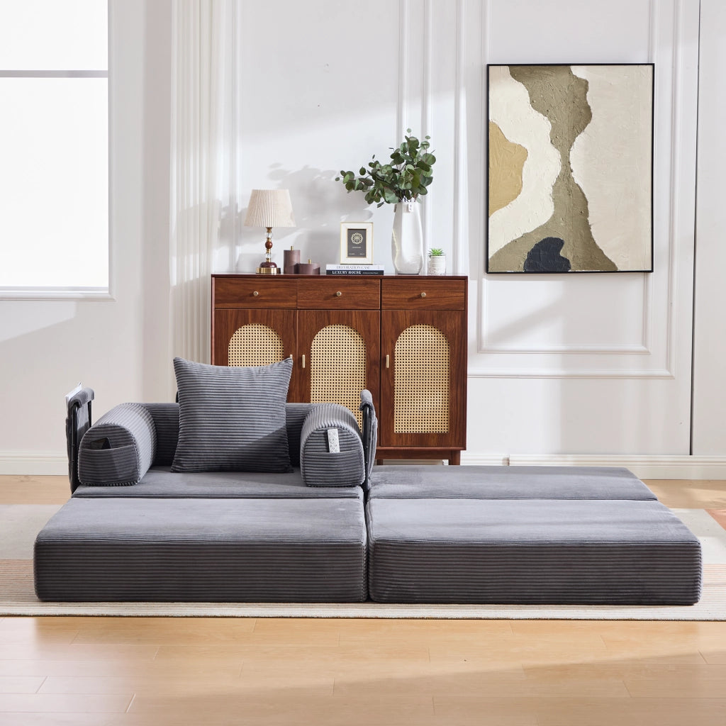 Poltrona con pouf compressa ergonomica con tasca e cuscino in velluto a coste grigio scuro 112 × 190 × 67 cm
