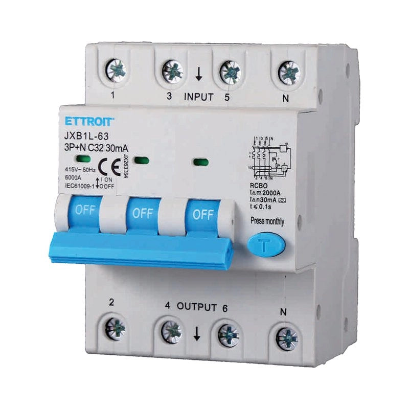 RCBO Interruttore Magnetotermico Differenziale Tipo A Curva C 3P+N 4M 6000A 30mA C32A AC 400V IP20 IEC61009-1