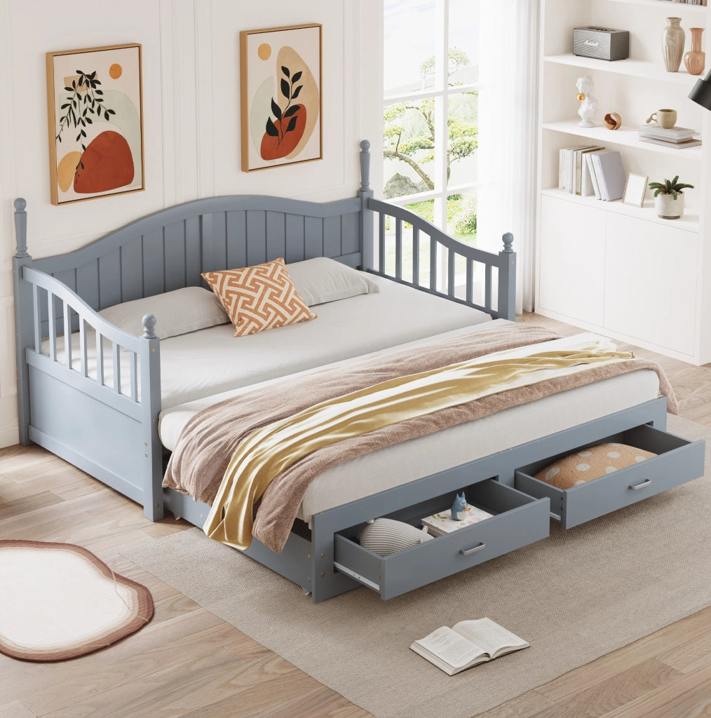 Divano letto estraibile 90/180x190 cm con 2 cassetti; legno di pino grigio