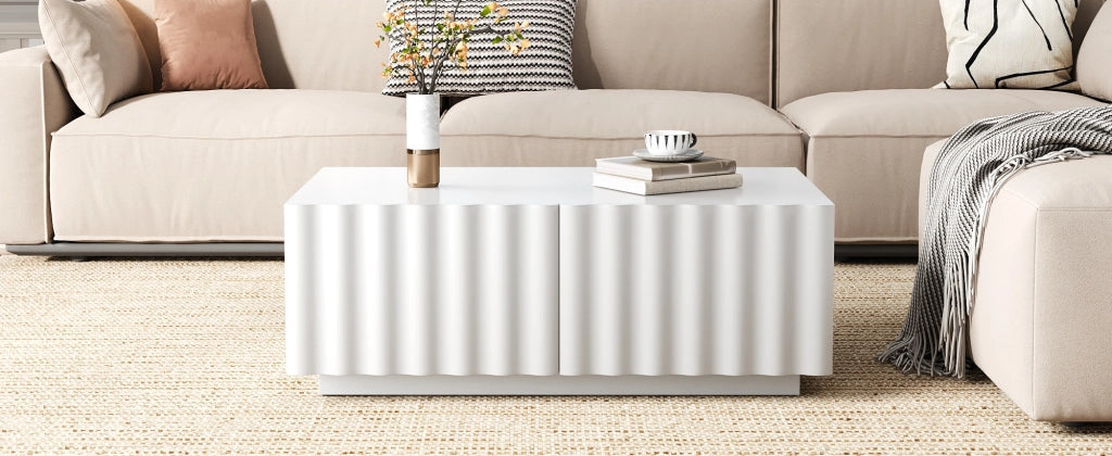 Tavolino basso moderno con 2 cassetti e frontale effetto onda per soggiorno in MDF e pannello truciolare bianco