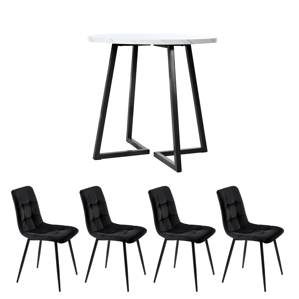 Tavolo da pranzo per 4 persone con 4 sedie in velluto, piano rotondo in MDF, per cucina, 80 cm, multicolor