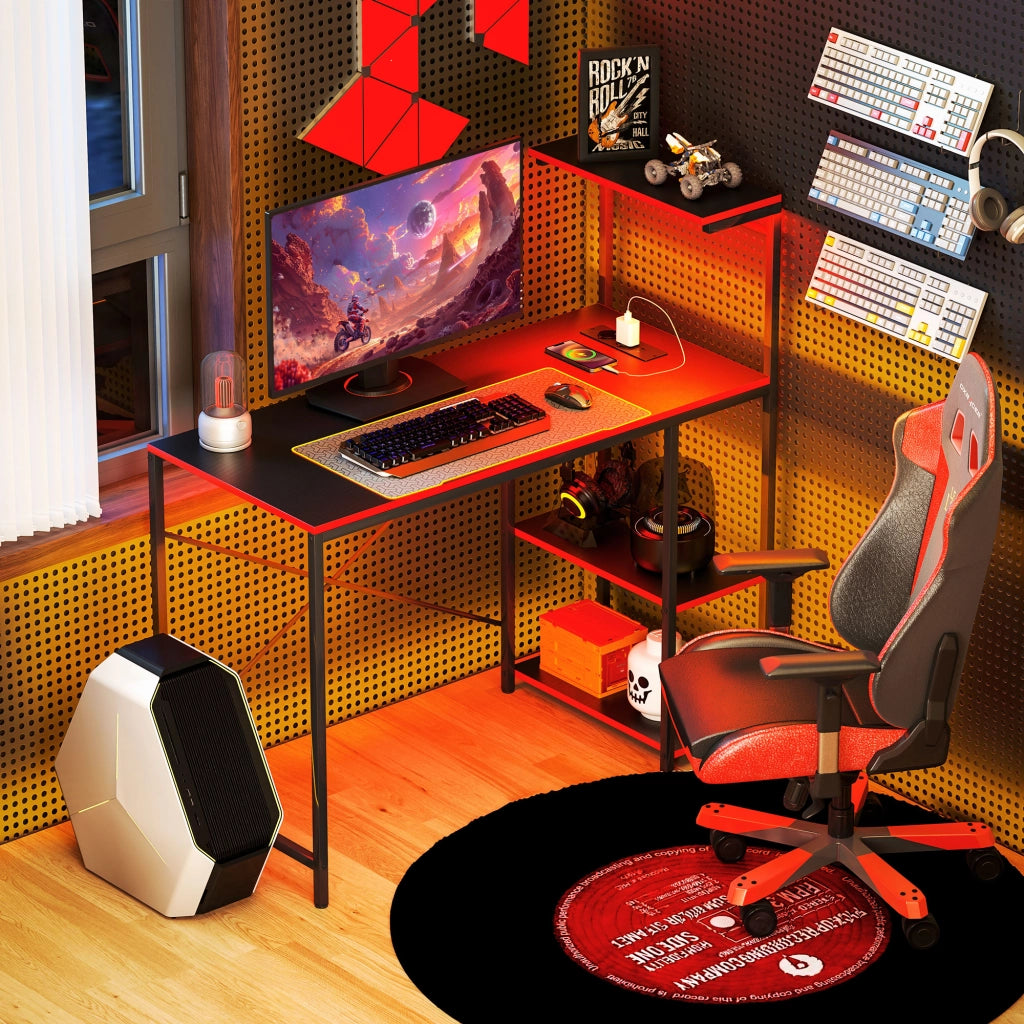 Scrivania Gaming con LED e Prese ¨C Xylo ¨C Fibra di Carbonio Nero 110x50 cm