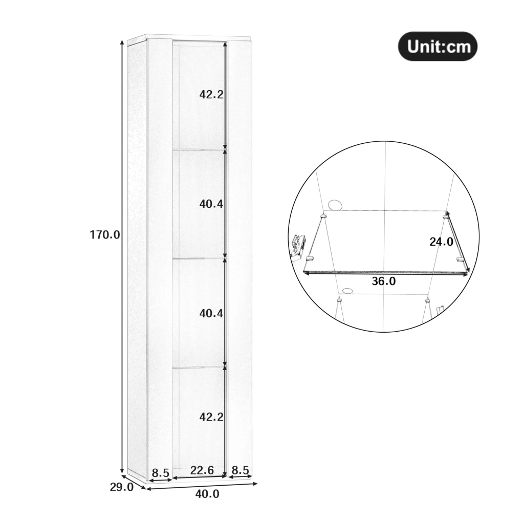 Vetrina multifunzione 40x29x170 cm con LED a colori; ripiani in vetro; nero