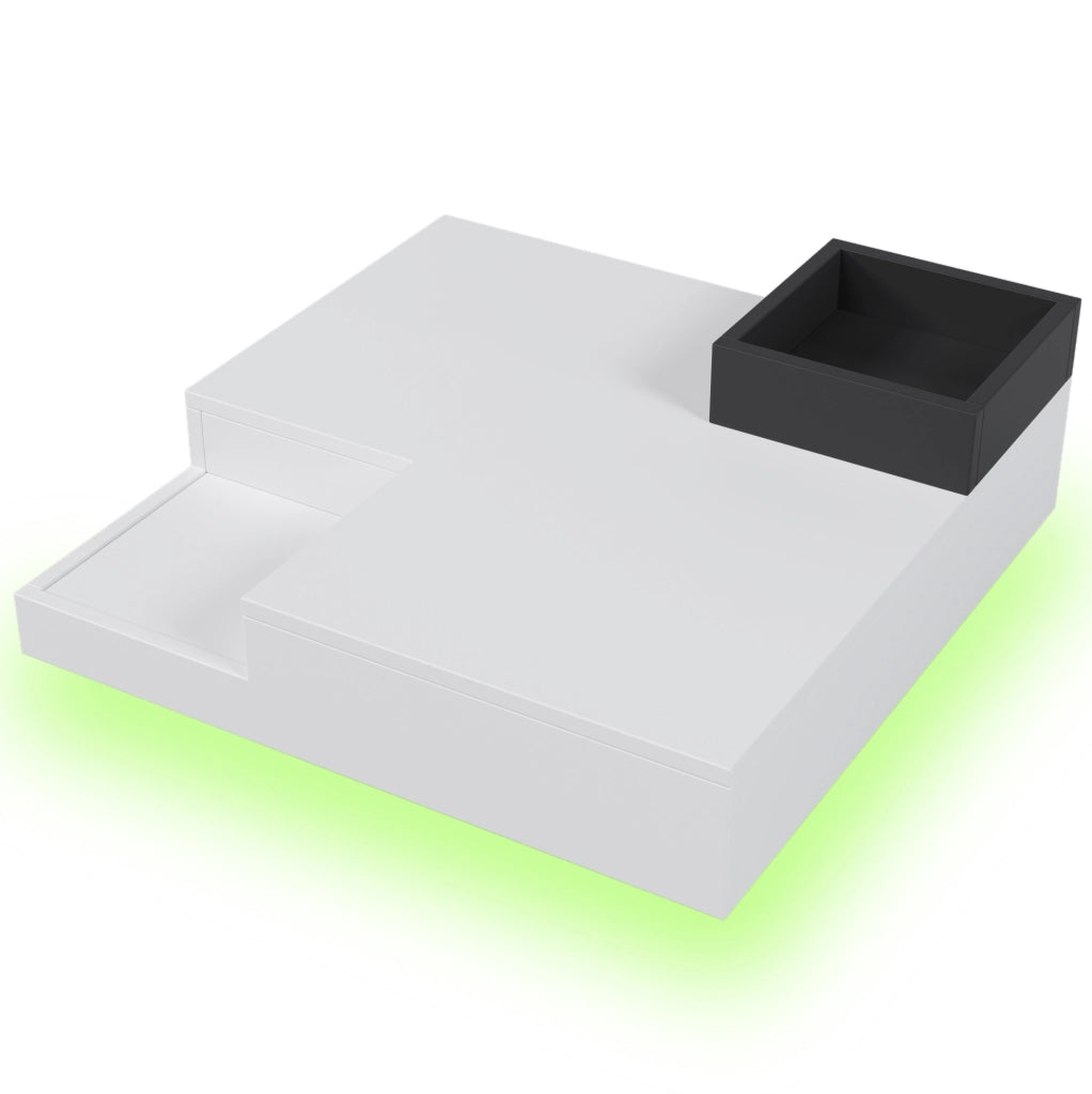 Tavolino da caffè LED bianco e nero con contenitore removibile 72×72×30 cm