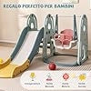 4 in 1 Set di Scivolo per Bambini, Parco Giochi con Altalena Canestro da Basket e Arrampicata, Pallone da Basket e Pompa, per Bambini 18 Mesi +, 198x149x96 cm