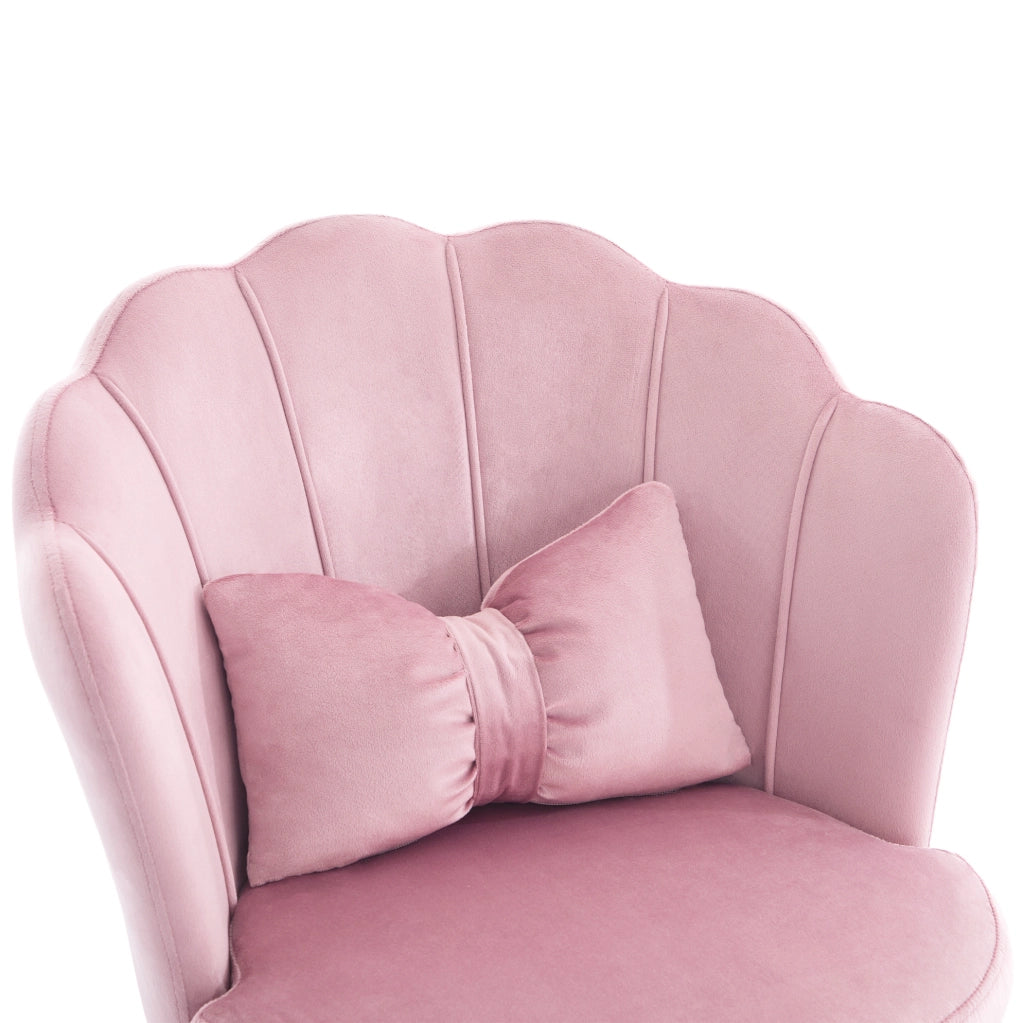 Sedia girevole regolabile in velluto rosa con schienale a petalo e cuscino lombare; 55x62x73-83 cm