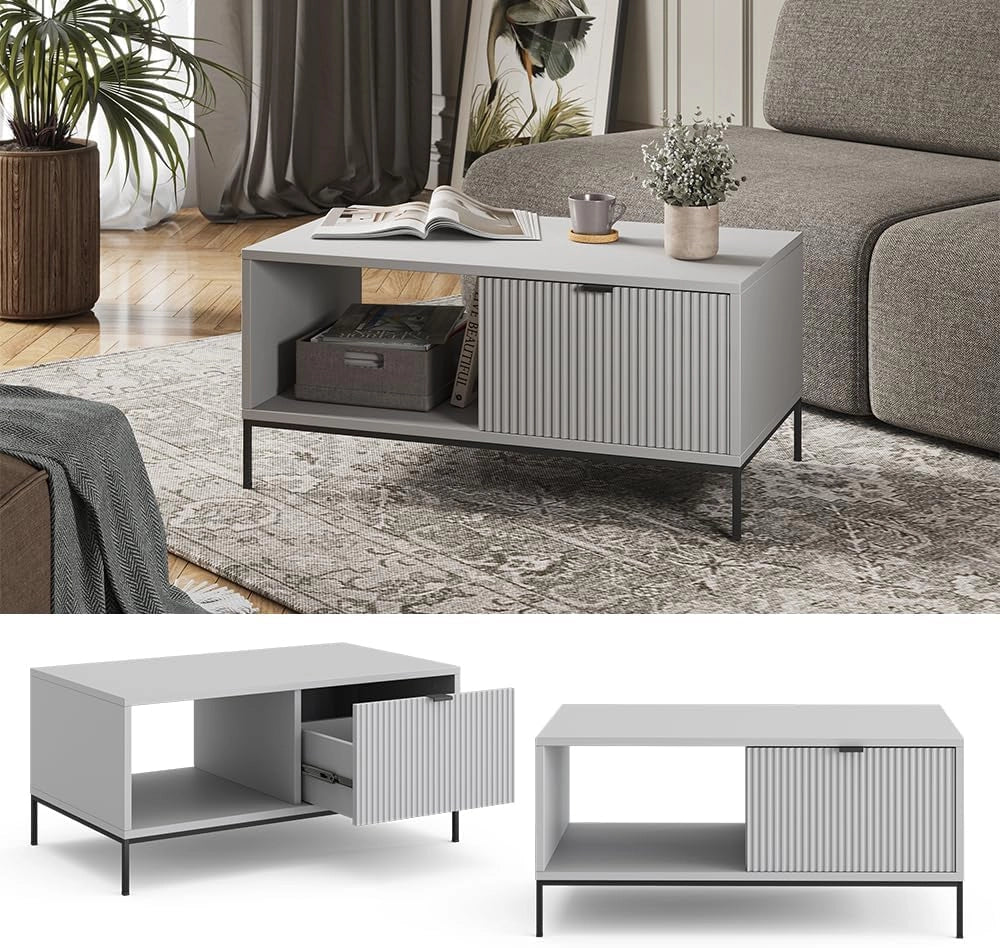 Tavolino Eliza, Grigio, 90 x 50 cm, combinabile con altri mobili della serie Eliza
