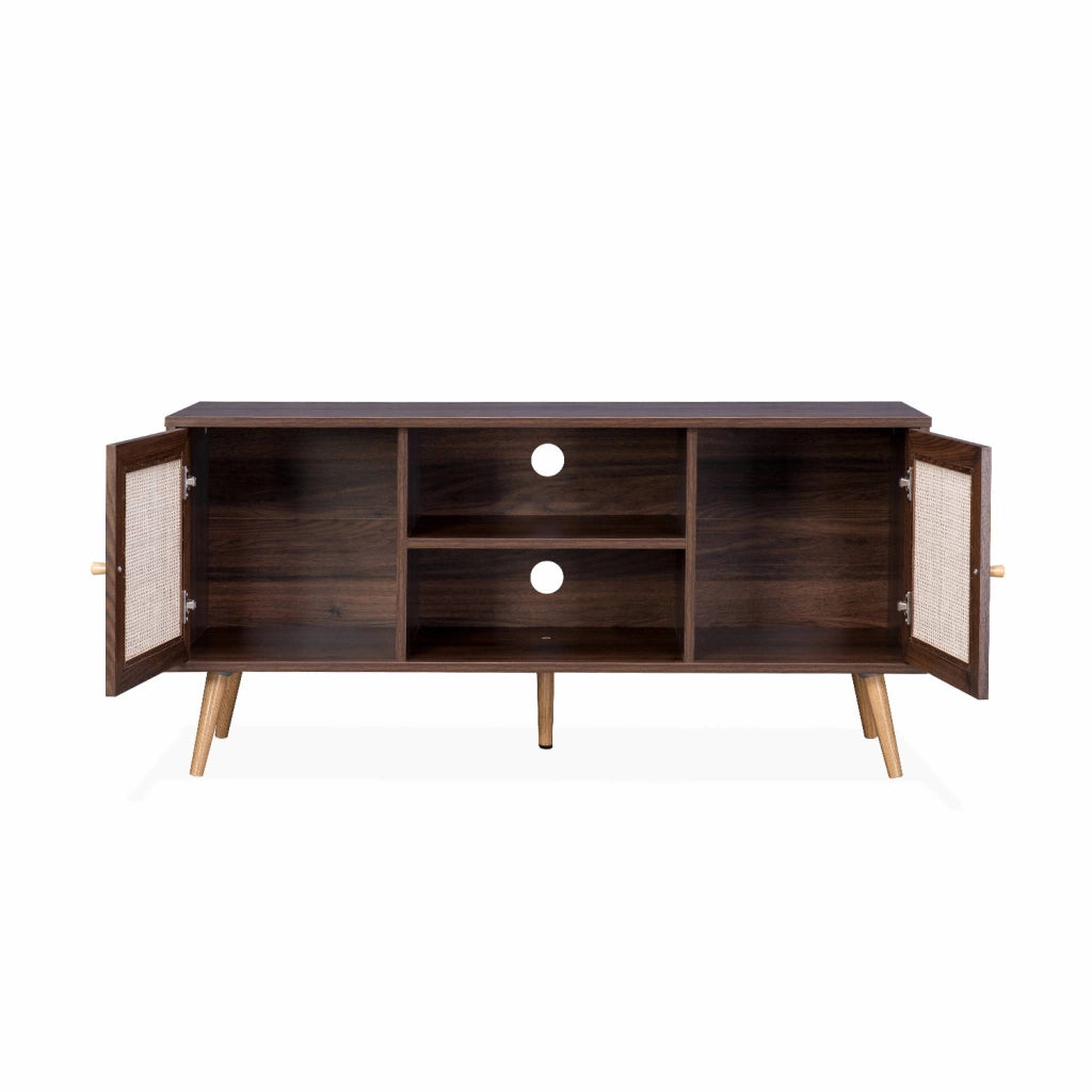 Mobile tv in cannage 2 livelli, 120cm, marrone scuro naturale