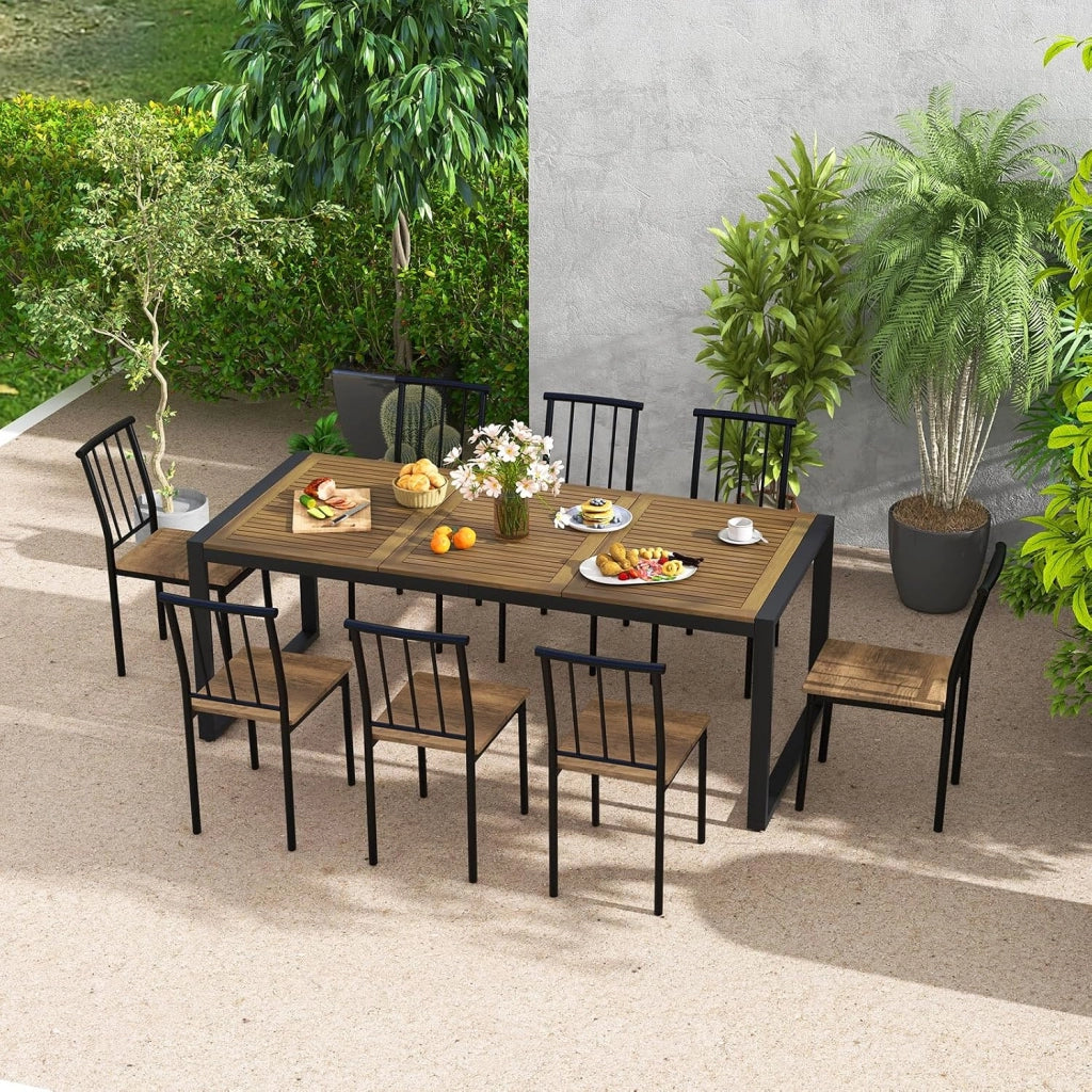 Tavolo da Giardino con Foro per Ombrellone, Tavolo da Pranzo a 8 Posti in Legno di Acacia e Metallo, Tavolo Rettangolare con Piedini Regolabili, per Esterno, Balcone, Cortile, 200x90x75 cm