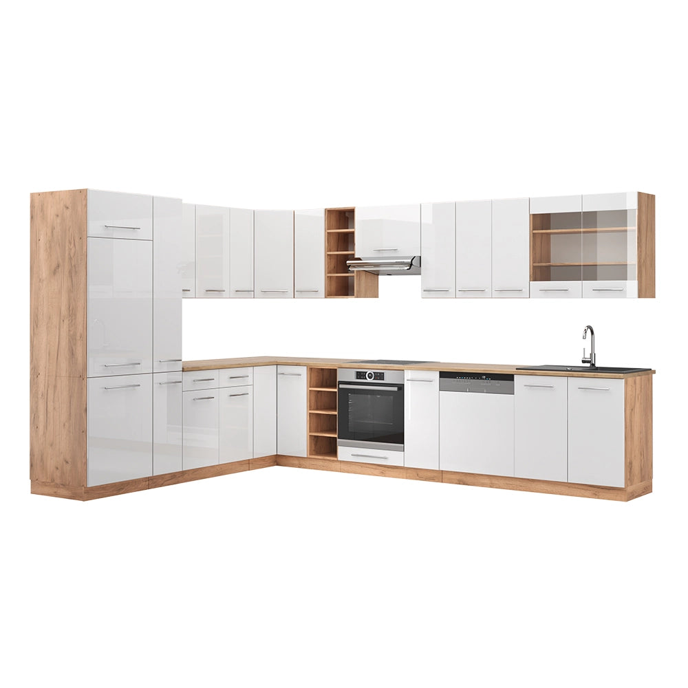 Vicco Cucina angolare completa Bianco lucido/oro power oak 347 x 257 cm senza piano di lavoro