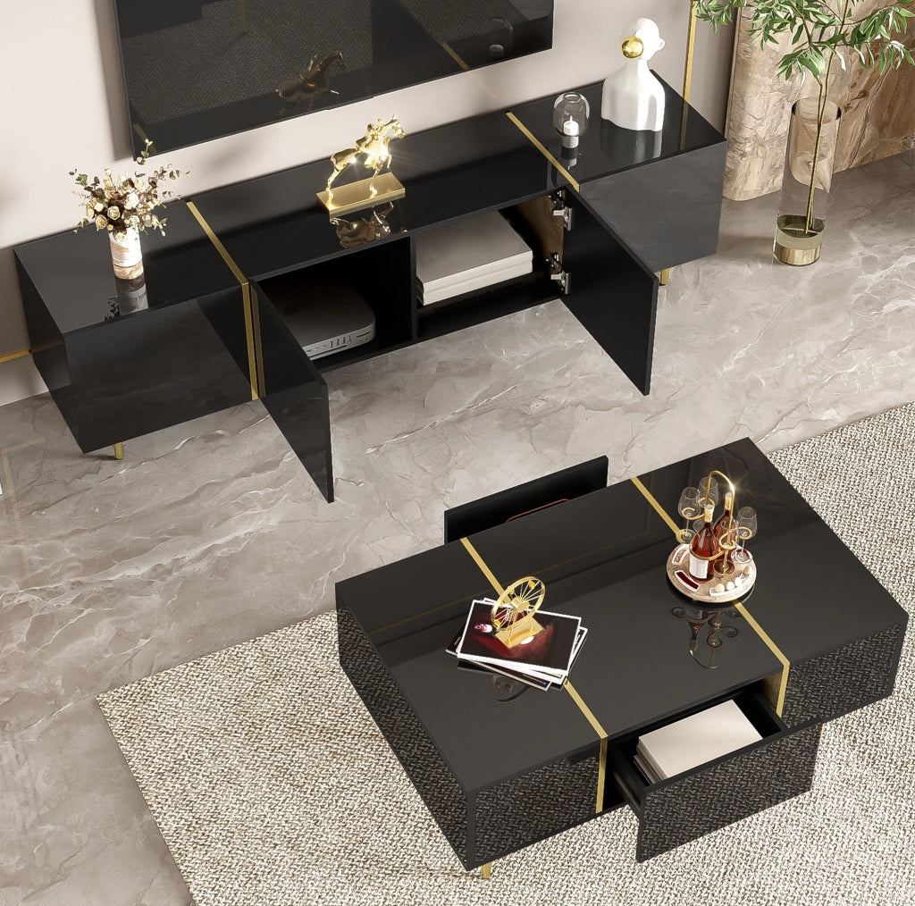 MOBILE TV e TAVOLINO Set 2 unità Nero lucido MDF con dettagli oro