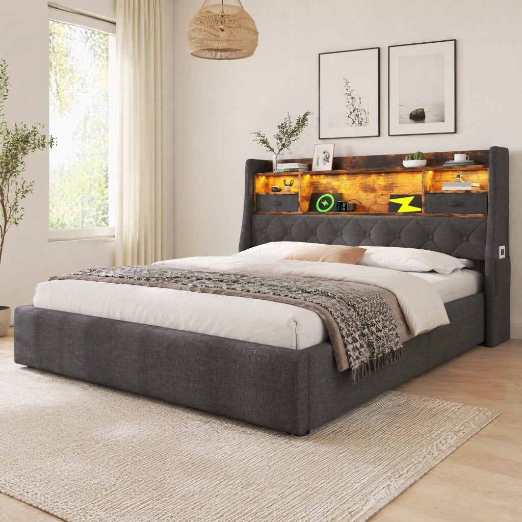 LETTO CONTENITORE 180x200 cm in lino grigio con LED e porte USB/Type-C