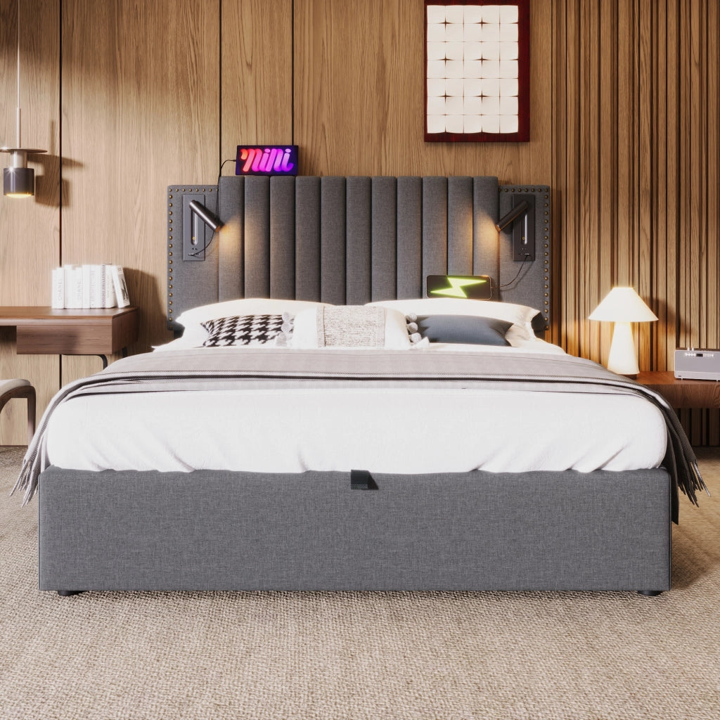 Letti contenitori 180x200 cm; testiera regolabile con luce e USB; cotone grigio (Senza materasso)