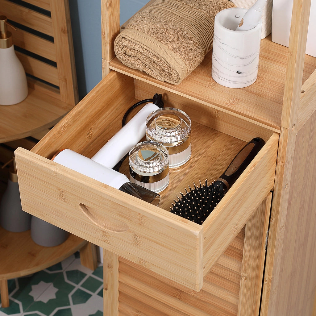Mobile bagno in bambù con cassetto, tre ripiani aperti e vano chiuso, design slim 32 x 30 x 163 cm, colore legno naturale