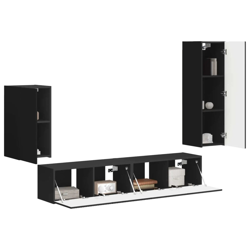Set mobile TV Montaggio a parete 4 pcs Nero Legno multistrato