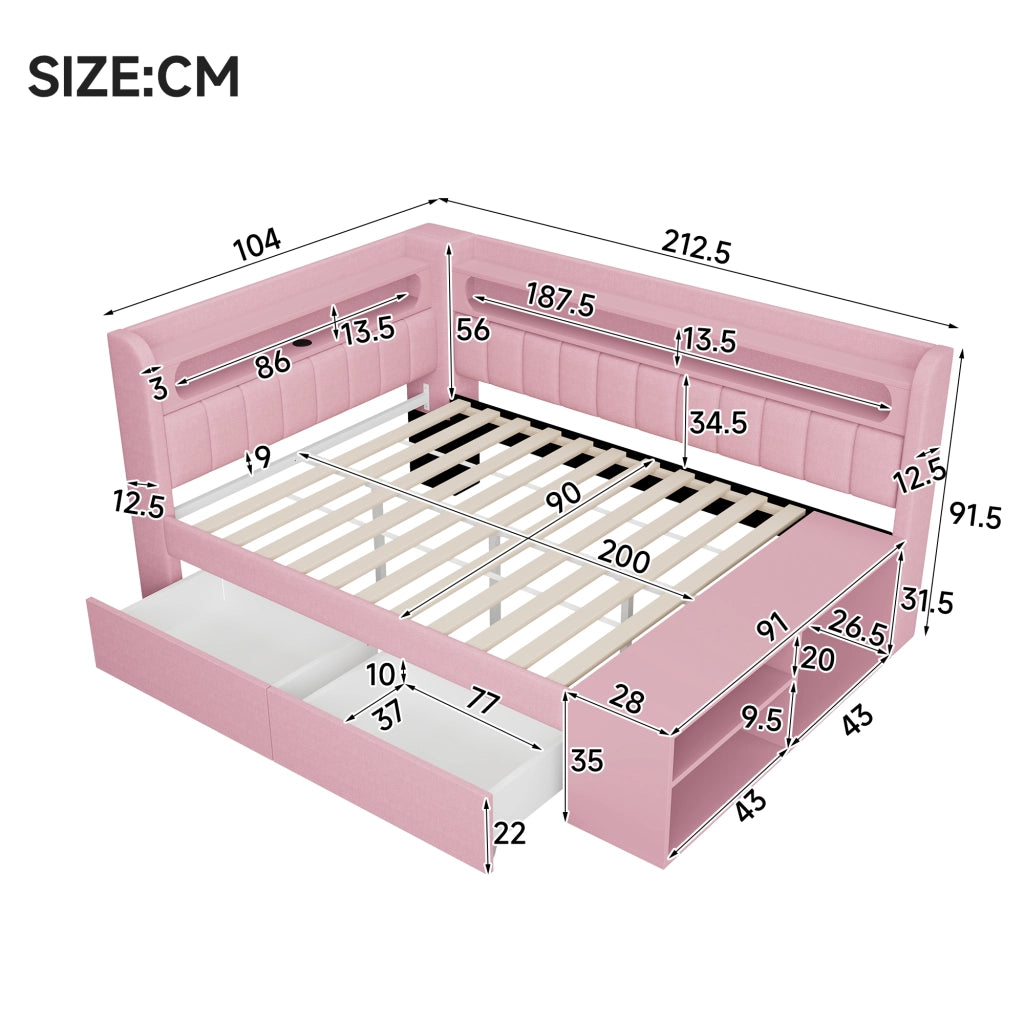 Letto a Divanetto 90x200 cm con USB; LED; 2 Cassetti e Scarpiera; Imbottito - Rosa