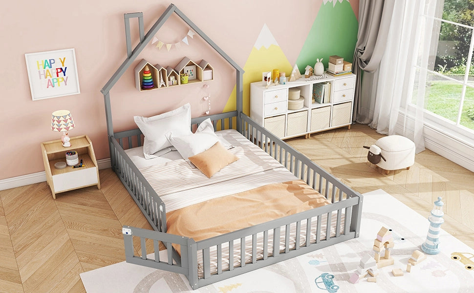 DESMIU Letto per bambini 2 posti 140 × 190 cm con sponde e forma camino, senza materasso, grigio