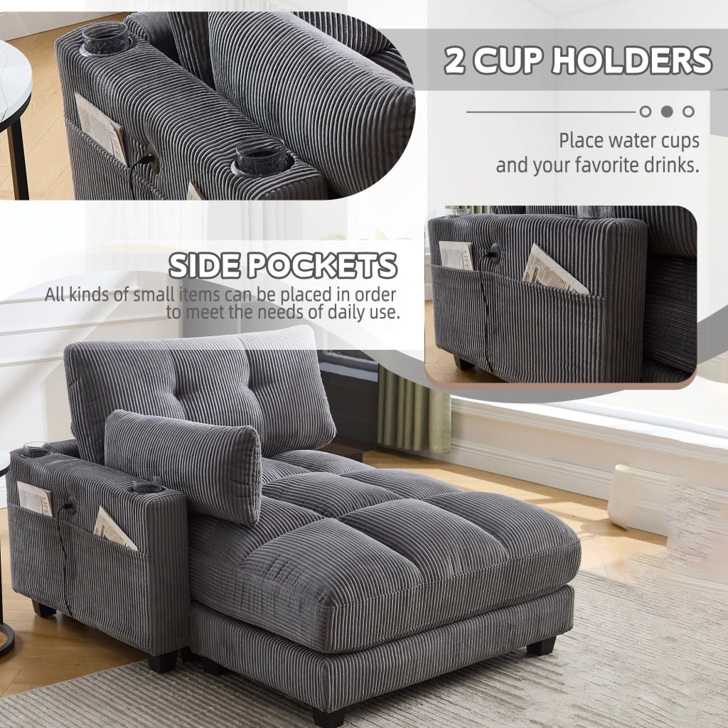 Poltrona Relax con Portabicchieri; Tasca Laterale e Porta USB; in Velluto a Coste; Grigio; 140 × 112 × 81 cm