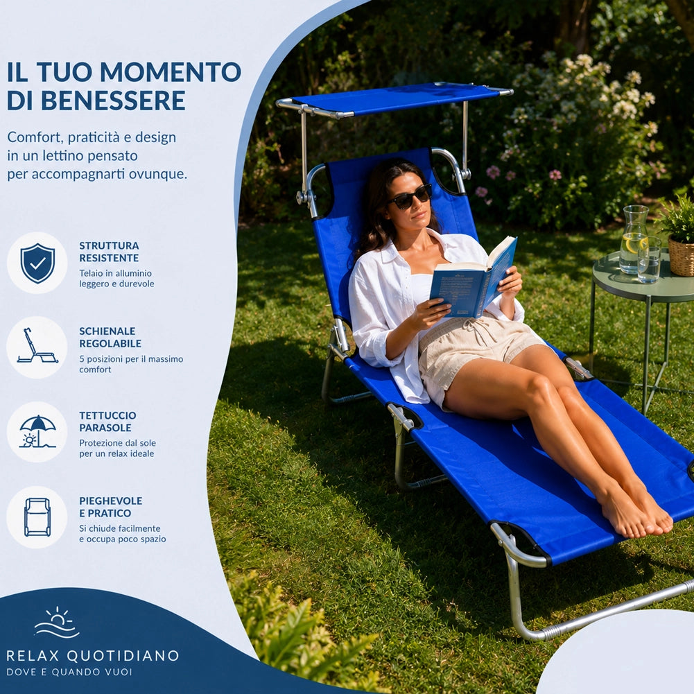 Lettino Mare Pieghevole Leggero con Tettuccio Parasole Regolabile Blu