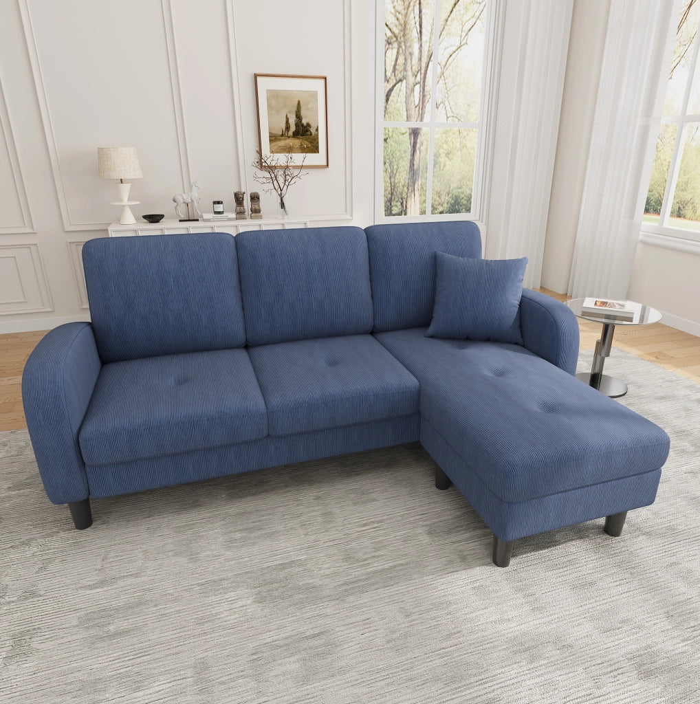 Divano angolare modulare 166x118x77 cm con chaise longue reversibile; in cord; blu